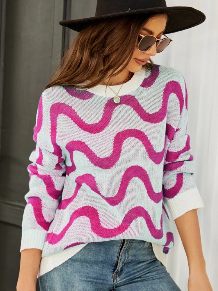 

Женская трикотажная блузка в полоску, с круглым вырезом