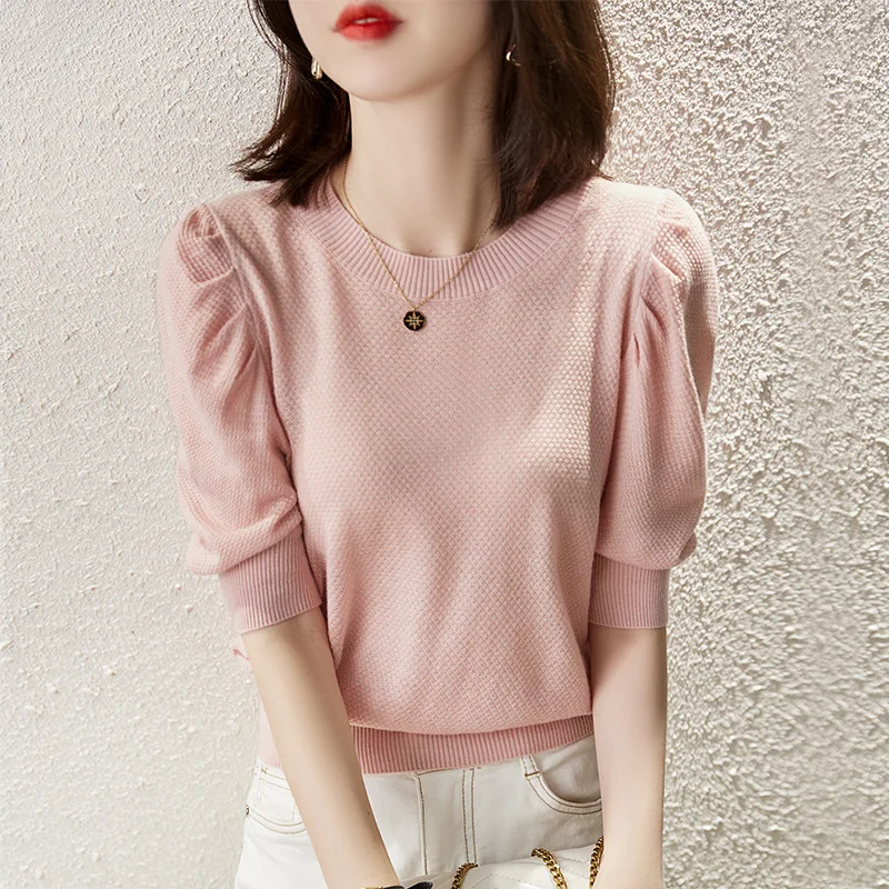 

Women's summer new style 2023 sweet knitted short-sleeved women's round neck hollowed-out solid color thin T-shirt loose half-sl
