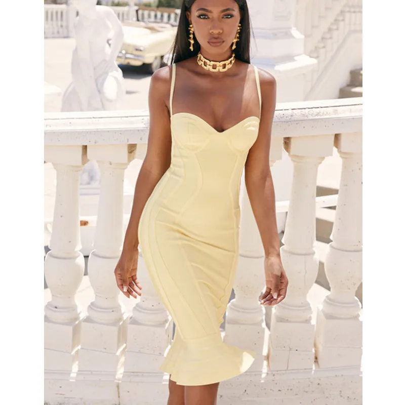 

Summer Women Yellow V Camisole Slim Bandage Dress Rayon Tight Fltting Long Style Ruffle Edge Fashion Celebrity Party Dress
