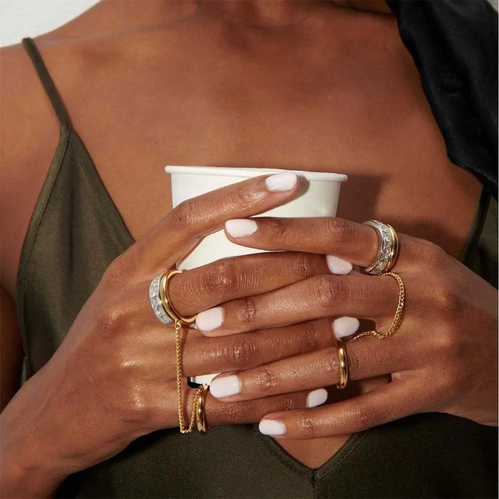 Chic Punk Chain Ring Zircon 18K Gold Silver Tassel Metal Rings Elegant Hip Hop Jewelry for Women