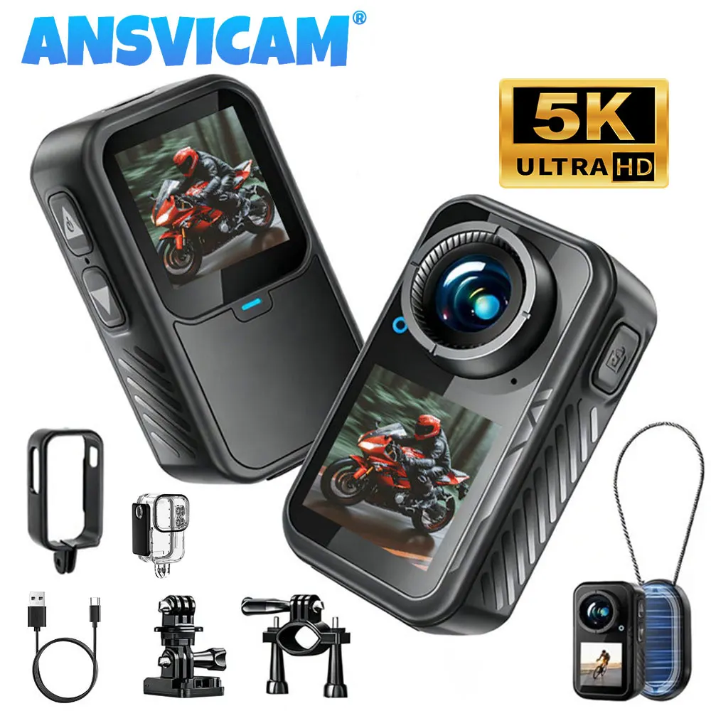 ANSVICAM 5K Mini Action Camera 4K60FPS Thumb Sports Camera with EIS Stabilization Dual Touch Screens Waterproof Magnetic Bodycam