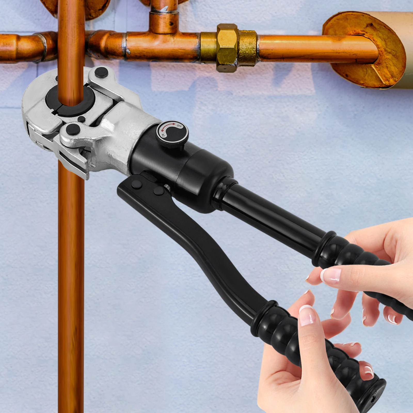 8-10 Ton Hydraulic Crimping Pliers, 360° Rotatable Head Black Copper Pipe Crimper with Dual-Speed Oil Inlet & 3 Dies 12/19/25mm