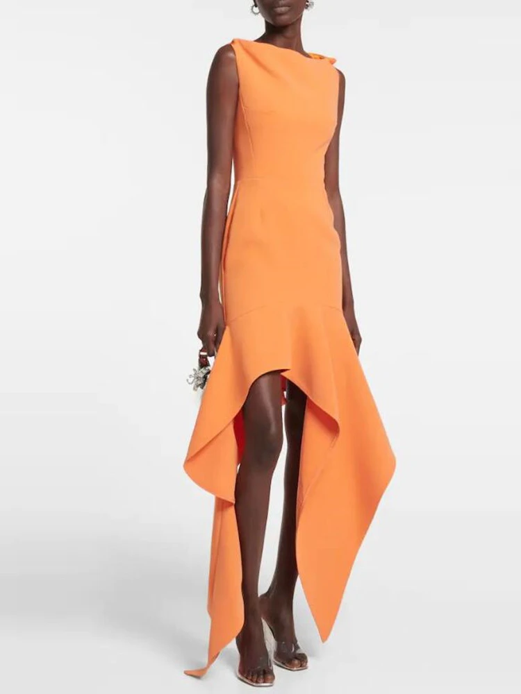 

BEVENCCEL New Summer Women's Orange Sexy Asymmetric Ruffle Sleeveless Tight Bandage Dress Elegant Celebrity Party Dress 2023