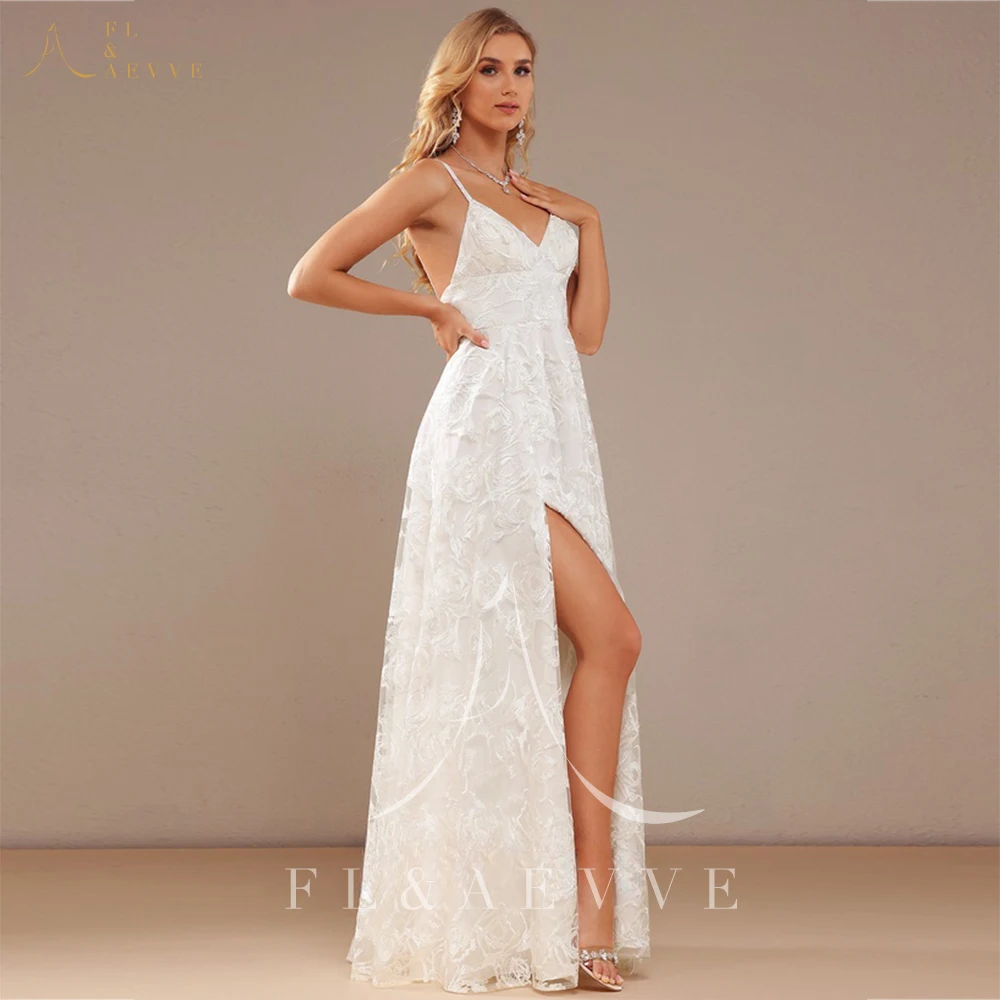 

Spaghetti Straps Wedding Party Gown Exquisite Casual V-neck Lace Wedding Dress Elegant A-line Beach Bridal Dress With Split