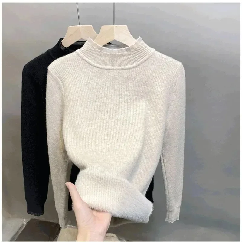 New Fashion Lace Semi-turtleneck Women's Long-sleeved Pullover Sweater Fashion Slim-fitting Knitwear Casual Bottoming Shirt