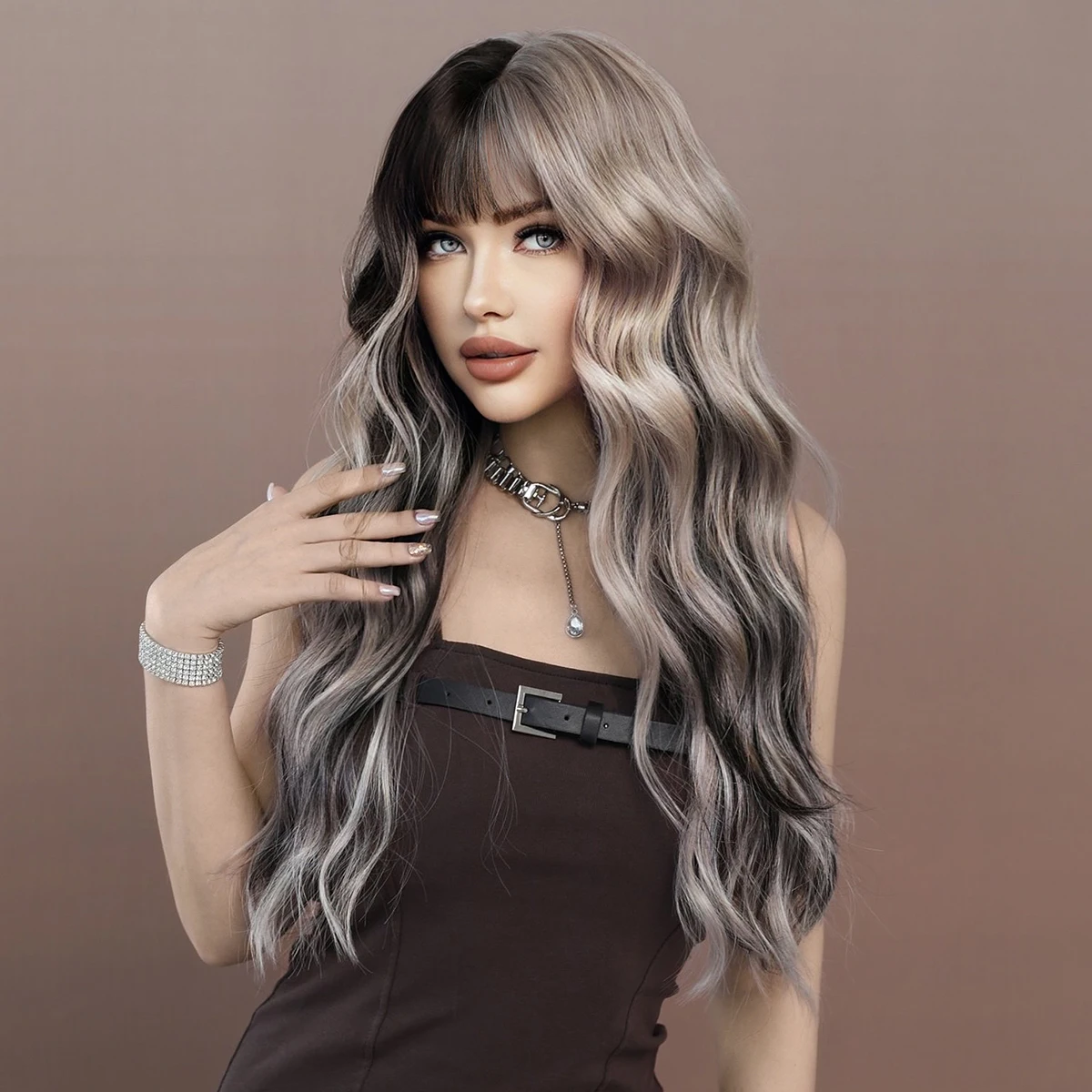 

7JHH WIGS Synthetic Hair Wigs Long Water Wave Black Highlight Cool Brown Wig with Bangs for Women High Density Heat Resistant