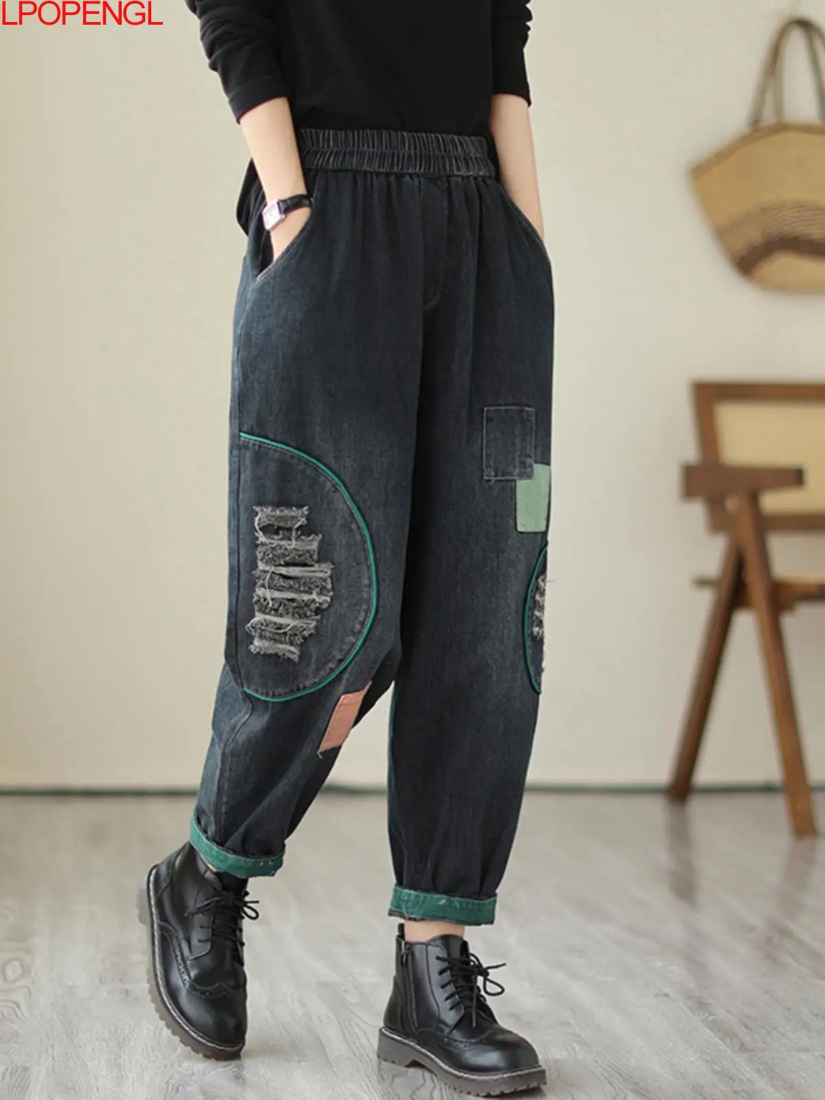 

Vintage Washed Worn Out Jeans Women's Autumn Streetwear Ankle-length New Loose Fitting Elastic Waist Pockets Harem Pants