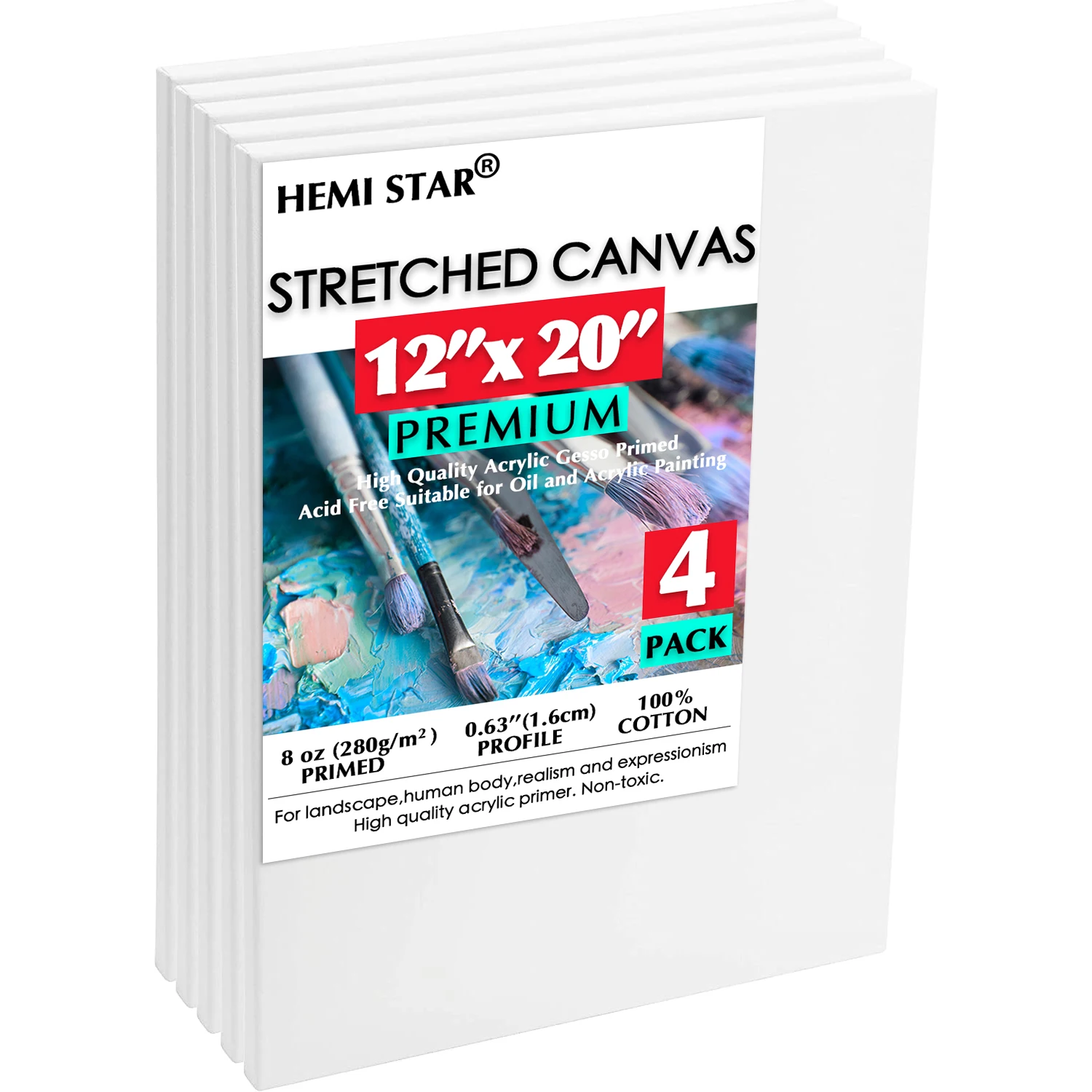 Arteza Stretched Canvas, Premium, 12 x 12 in - Pack of 8