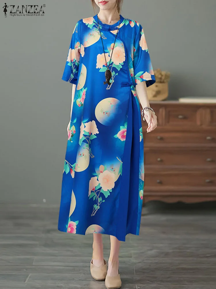 

ZANZEA Bohemian Women Half Sleeve Midi Vestidos 2023 Summer Floral Print Dress Chinese Style Cheongsam Dress Vintage Knot Robes