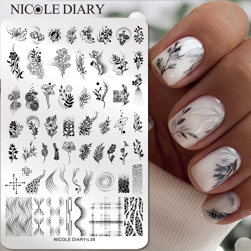 NICOLE DIARY Big Rectangle Nail Stamping Plates Flower Leaves Stamping Template Dot Point Image Printing Stencil Manicuring Tool