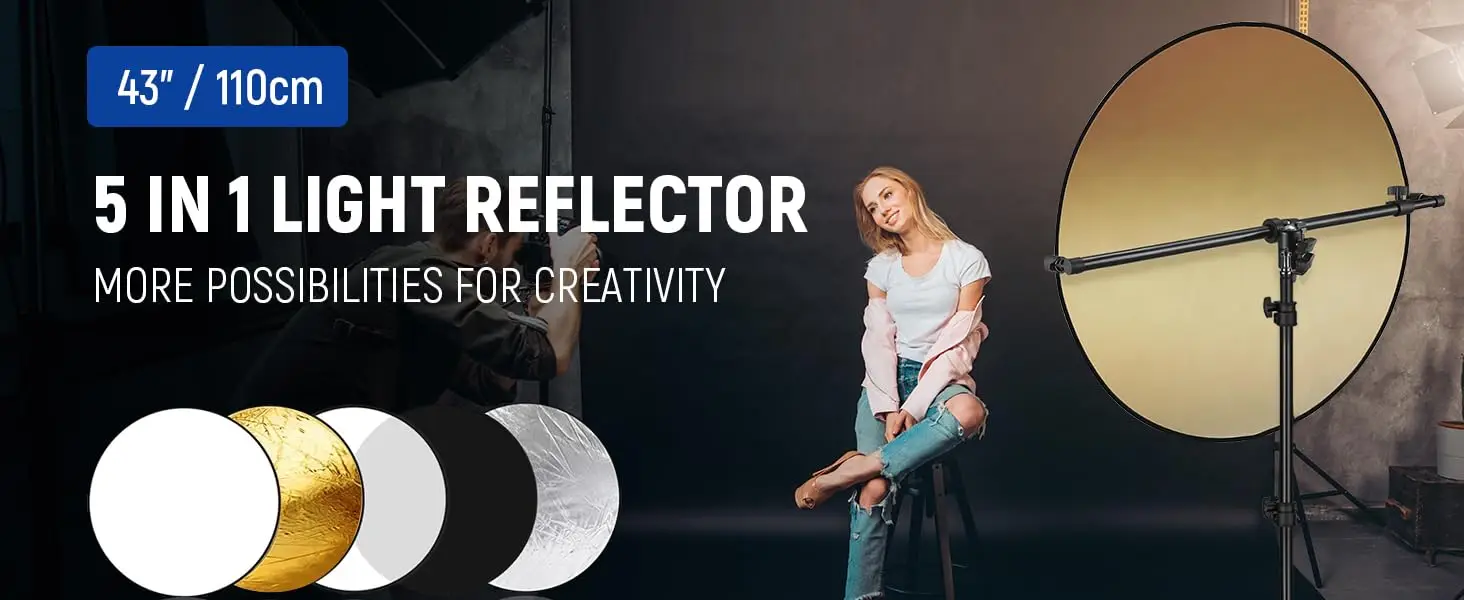 NEEWER 43"/110cm 5-in-1 Collapsible Reflector/Diffuser w/Bag, Translucent/Silver