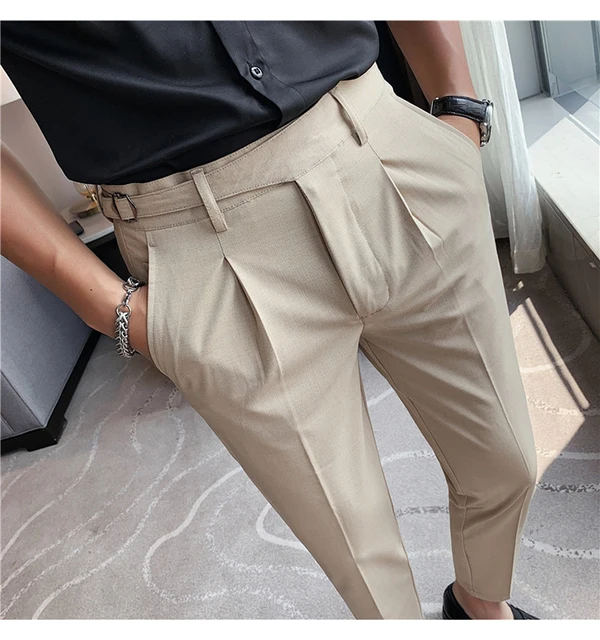 2023 Men Business Casual Dress Pants Men Belt Design Slim Trousers Formal  Office Social Wedding Party Dress Suit Pant 28-38