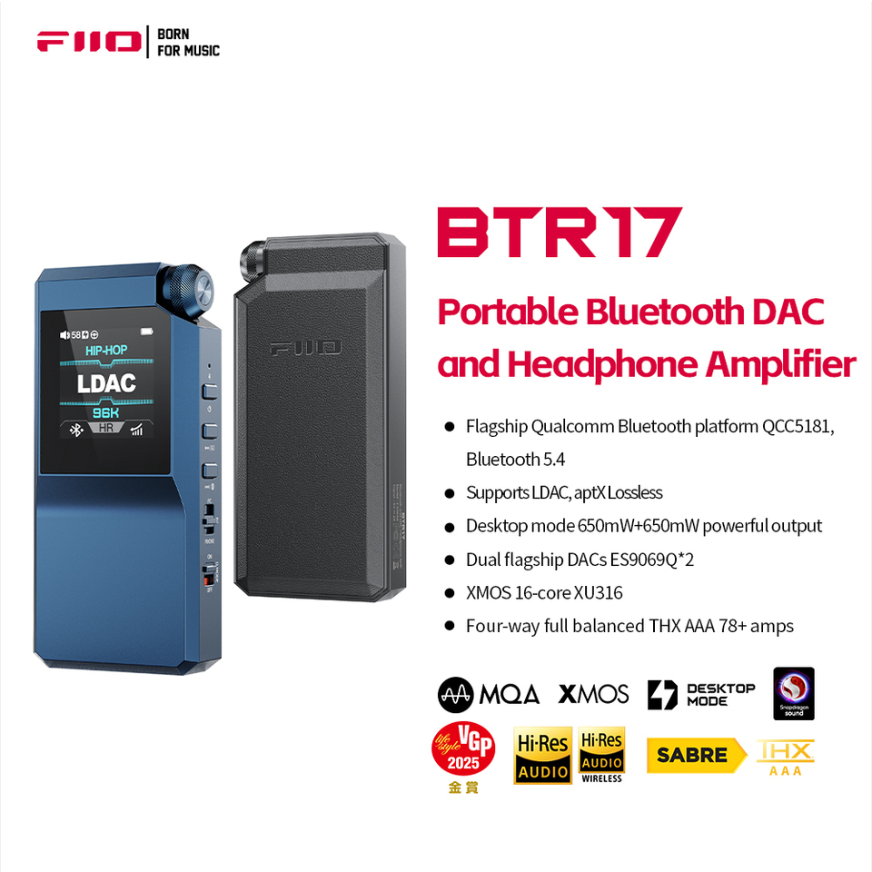 FiiO BTR17 Headphone Amp Bluetooth 5.4 Receiver with LDAC/aptX Lossless support,  Hi-Res Portable DAC 768K/32Bit DSD512