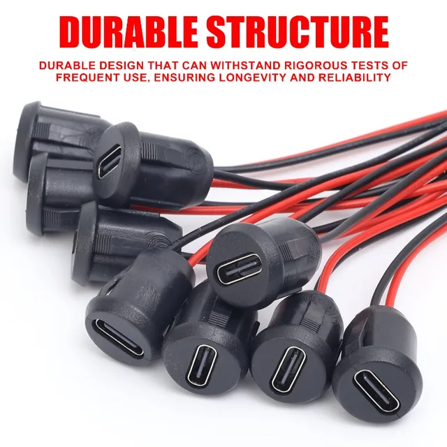 2Pin USB C Female Connector Waterproof Type-C Socket Jack 3A Fast Charge Power Pigtail Cable for Car Auto Panel Mount DIY Port 5