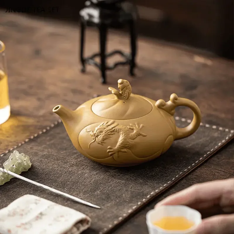 1PCS 260cc Yixing original ore yellow section purple clay teapot fish turning dragon master handmade biomimetic tea set