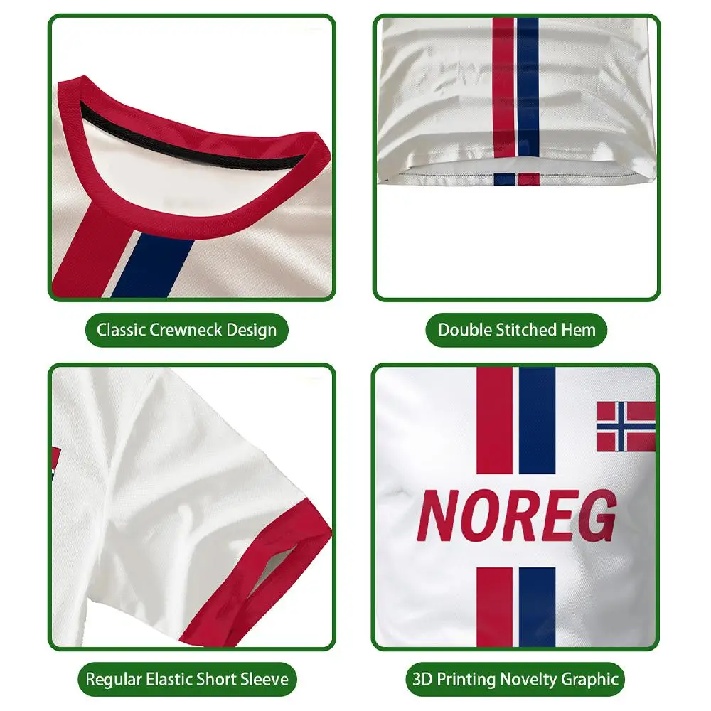 Noorwegen print T-shirt voor jongeren, zomerse outdoor voetbaltrainingskleding voor heren en dames, ademende, sneldrogende sportshirts._voghion.com