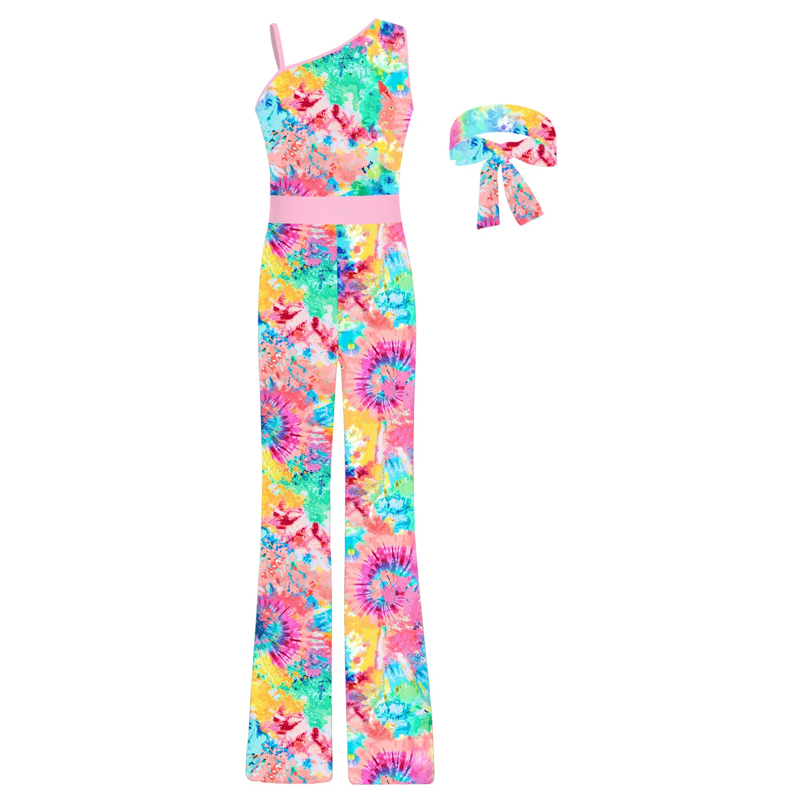Kids Girls 70s 80s Retro Disco Dance Jumpsuit Hippie Costume Asymmetrical Shoulder Sleeveless Print Bodysuit with Headband