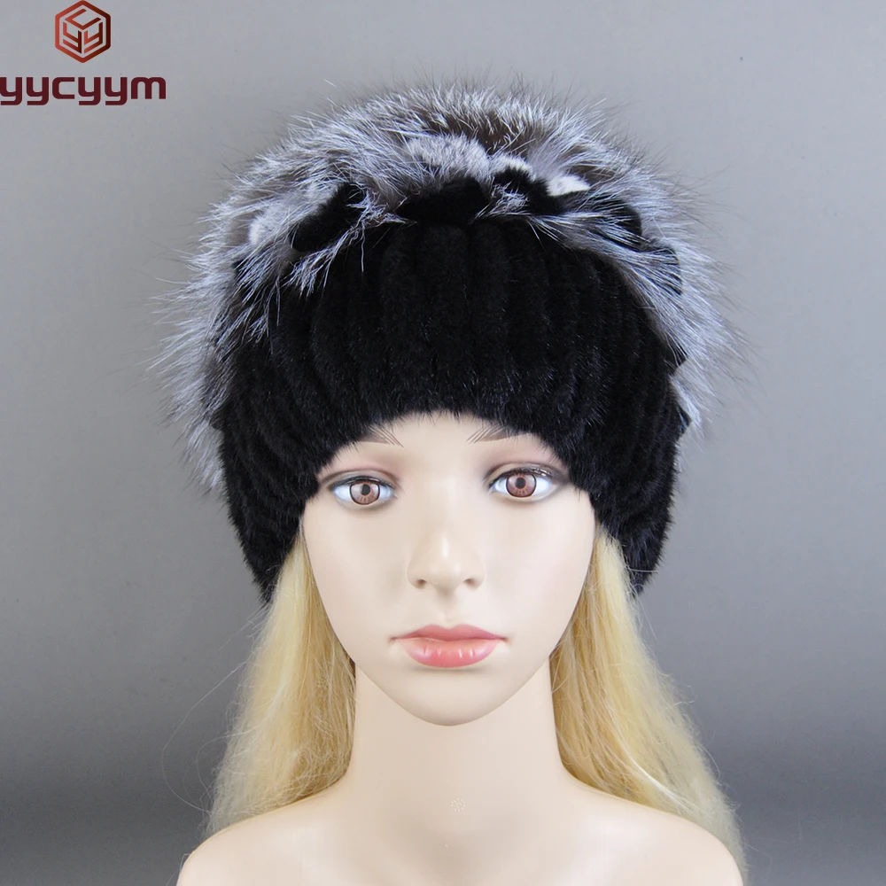 

2023 Women Beanies Knitted Luxury Flower Real Mink Fur Beanies Hats Real Silver Fox Fur Hat Female Natural Mink Fur Winter Hats