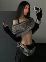Weird Puss Sexy Furry Patchwork T-Shirt Women Trend Slash Neck Full Sleeve Coquette Midnight Party Club Stretch Skinny Crop Top