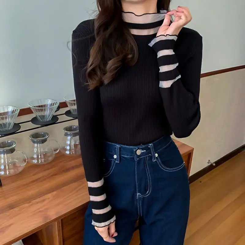 

Biyaby Solid Color Short Knitwear Women 2023 Autumn Long Sleeve Mesh Patchwork Pullovers Woman Korean Style Silm Bottoming Tops