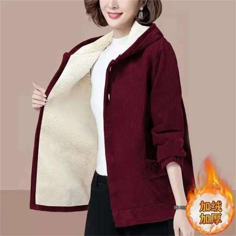 

2024 Solid Color Spring Autumn Corduroy Jacket Women's Winter Outwear Velvet Thick Simple Loose Jacket Mother Hooded Warm Coat