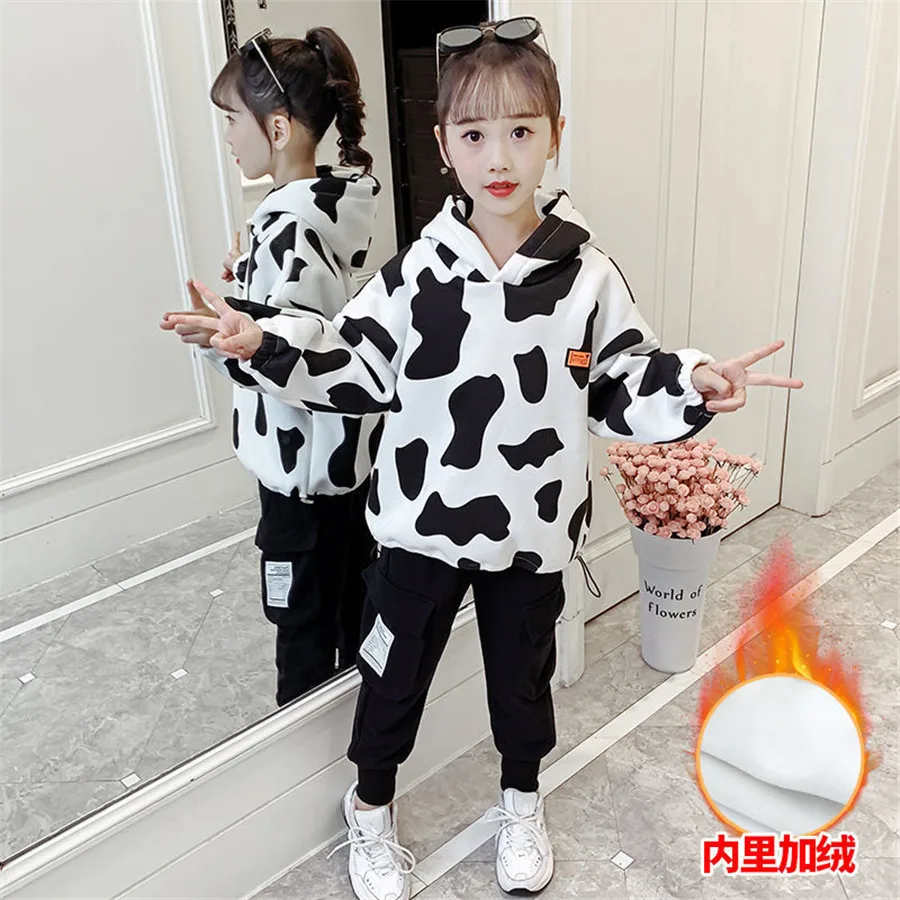 

Autumn Winter tennager Leopard kids Girls Tracksuit thick cow hoodie sweater + pants Plus velvet Leisure 6 7 8 9 10 11 12 Years