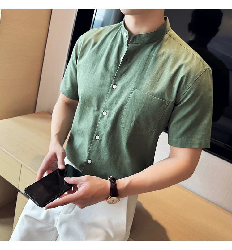 Description Picture 6 of itemSummer Linen Shirts For Men New Chinese Style Stand Collar Plain Color Short Sleeve Men's Social Shirt Slim Fit Breathable 4XL-M