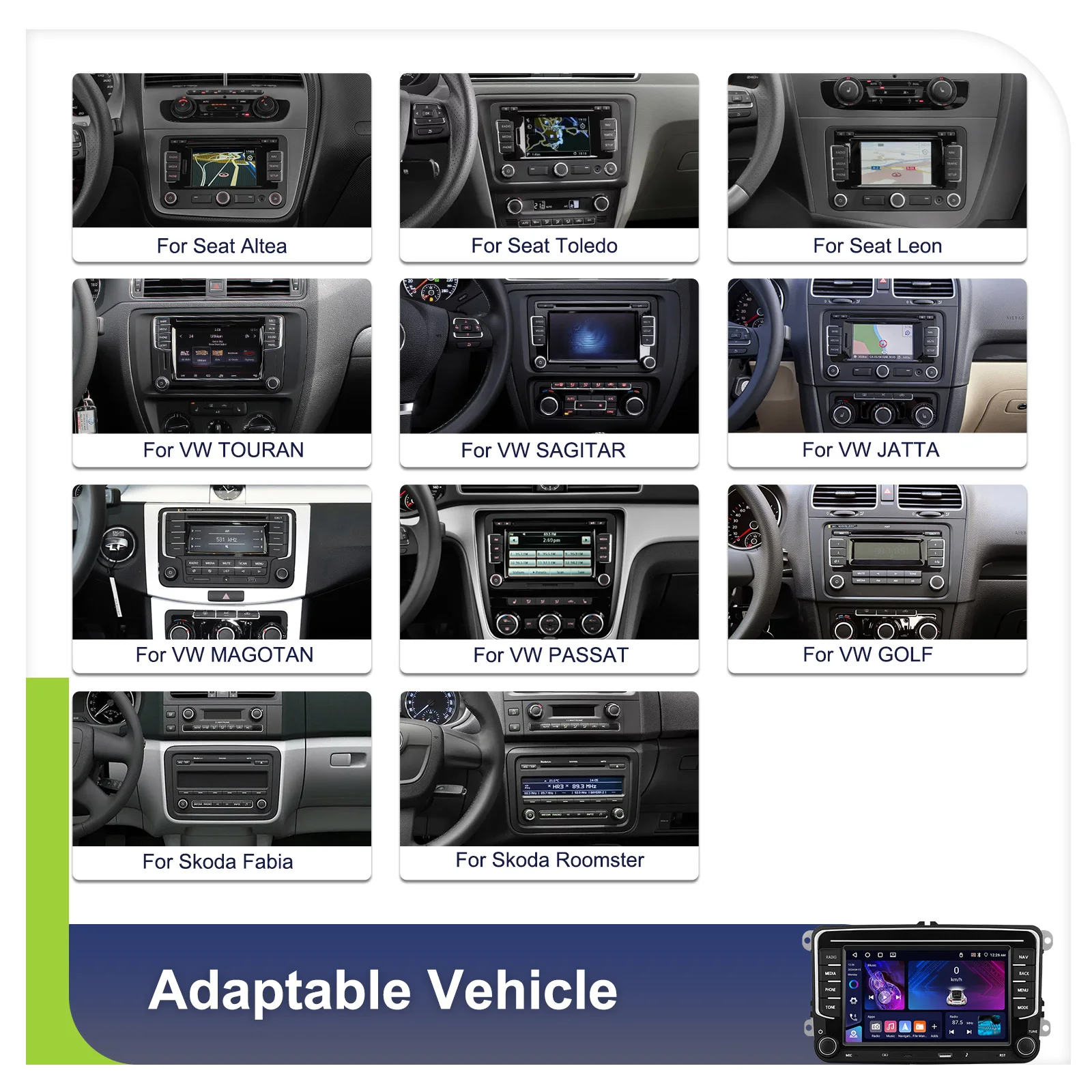 Podofo Kabelloses Carplay Android Auto Radio für VW Fahrzeuge Intelligente Systeme GPS-Navigation BT FM/RDS 2din EQ BT Autoradio – Detail 3