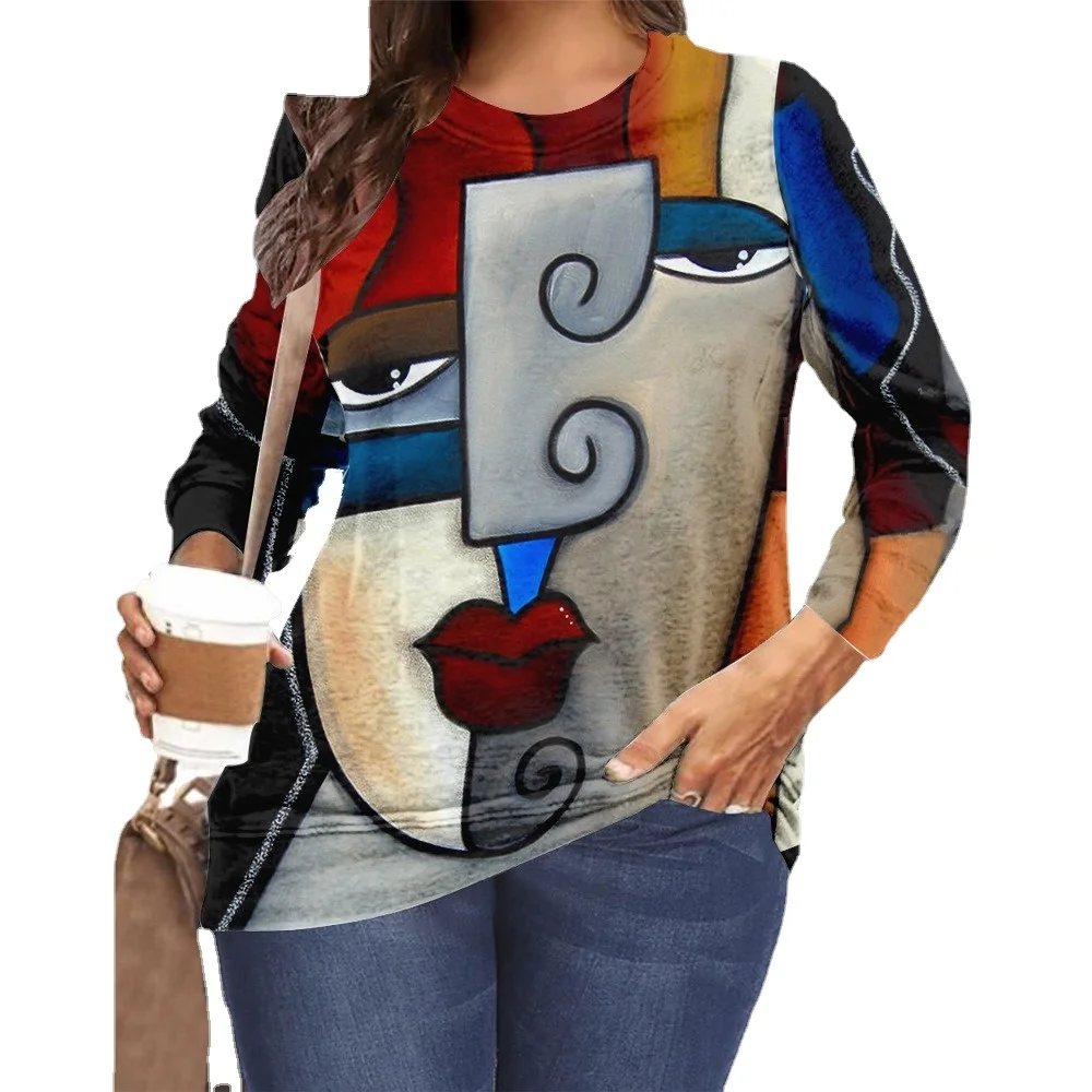 

Spring Animal T-shirt Fashion Autumn Flower T Shirt O-Neck Long Sleeve Face Print Tops Harajuku Clothing Oversize Pullover Chic