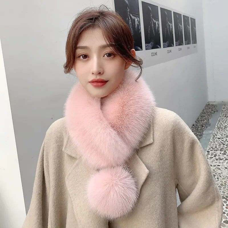 New Women Fur Winter Scarf Short Thick Plush Fluffy Cute Scarf with Big Pompom Winter Fur Collar Solid Color Neckerchief 3