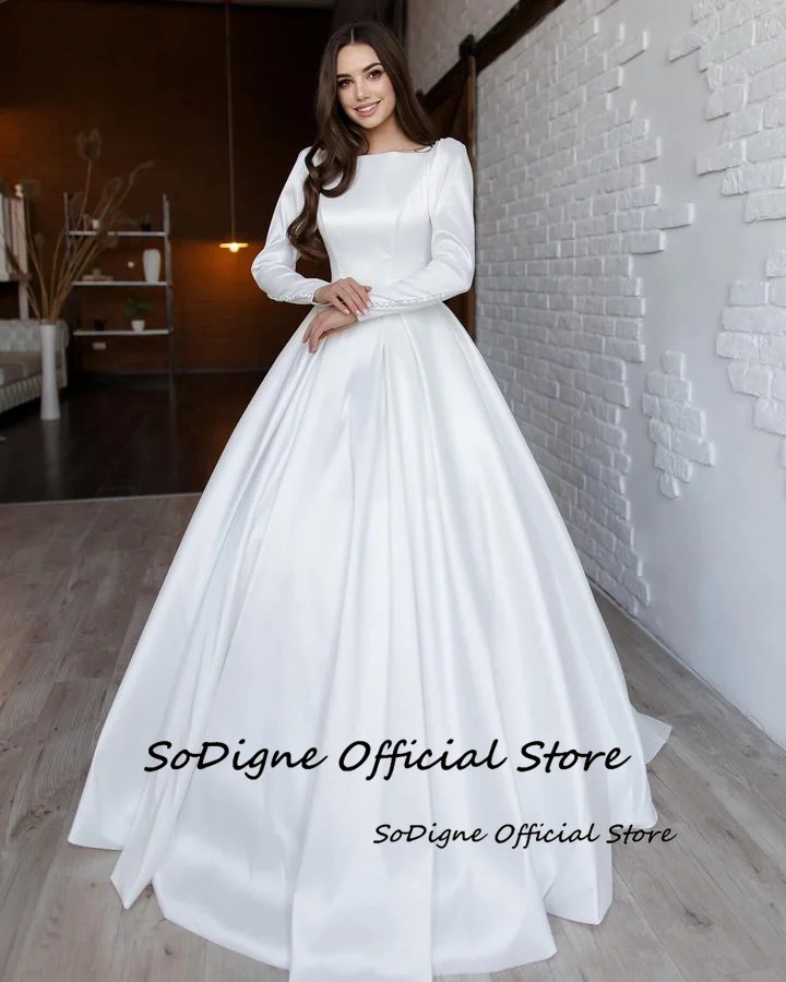 SoDigne A-line Satin Simple Wedding Dresses O-neck Full Sleeves Appliques Bridal Dress Long Bridal Gown 2025 Customized 10 S21481f1e328d4de5942f99c42eddbc92X