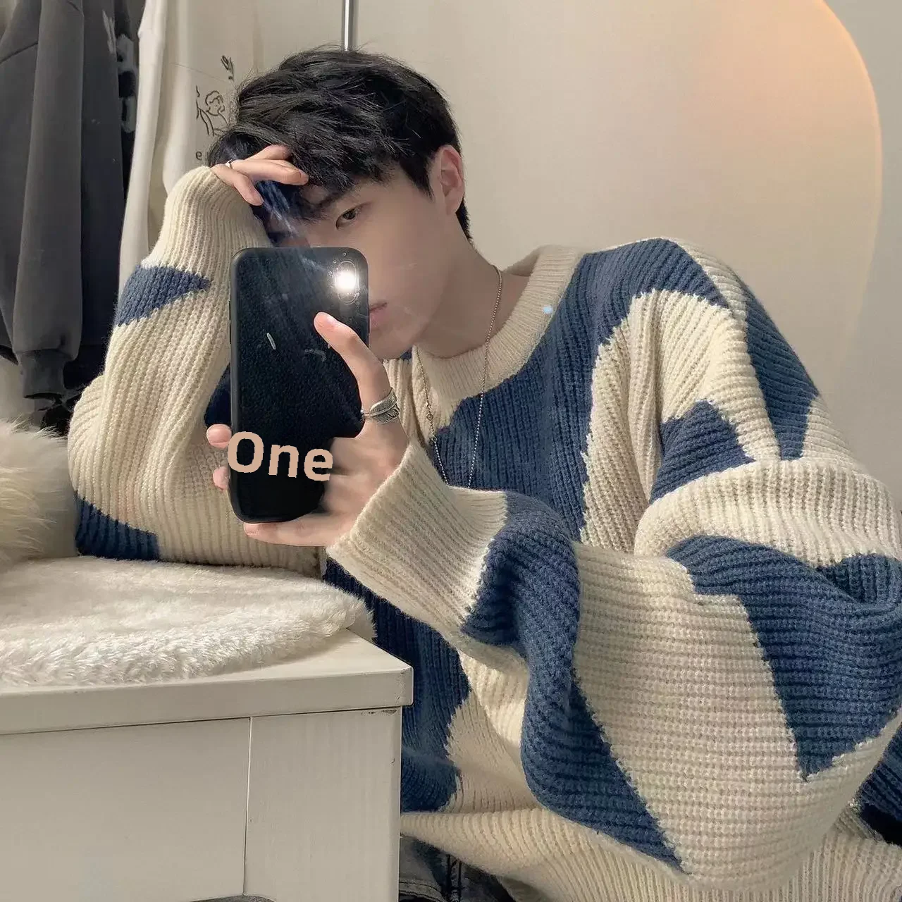 2023 루즈핏 캐주얼 크루넥 니트 스웨터, 두꺼운 일본 빈티지 풀오버, 겨울 신상