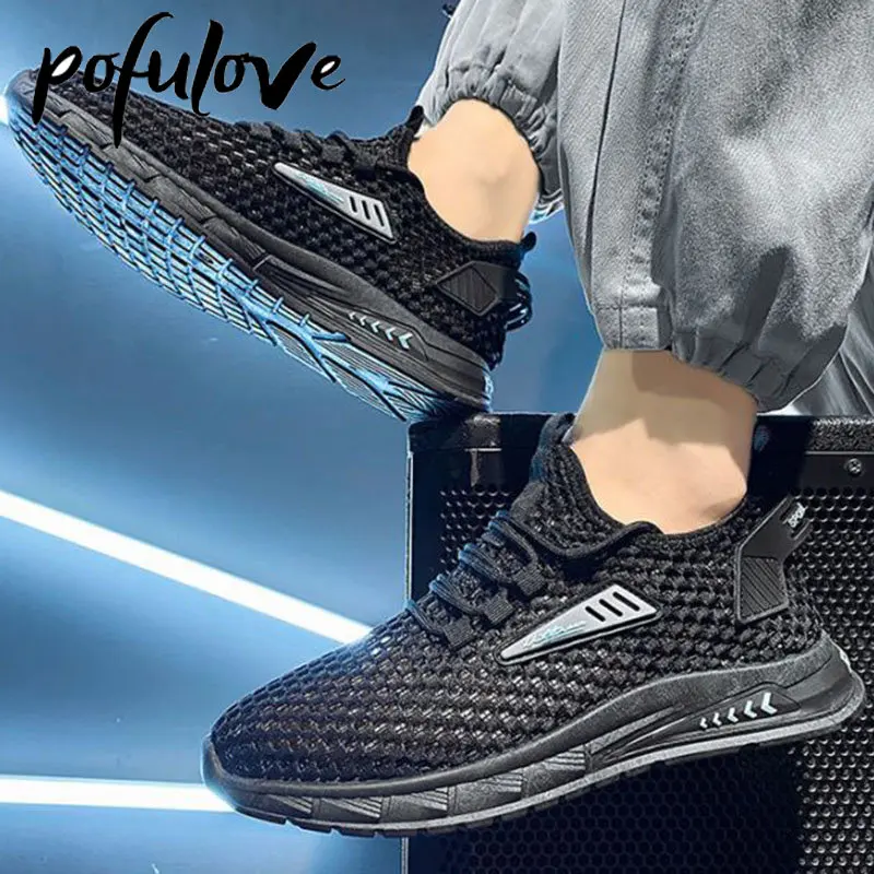 

Pofulove Men's Mesh Shoes Summer Hollow Out Thick Sole Flat Heel Solid Color Versatile Breathable Comfortable Casual Sneakers