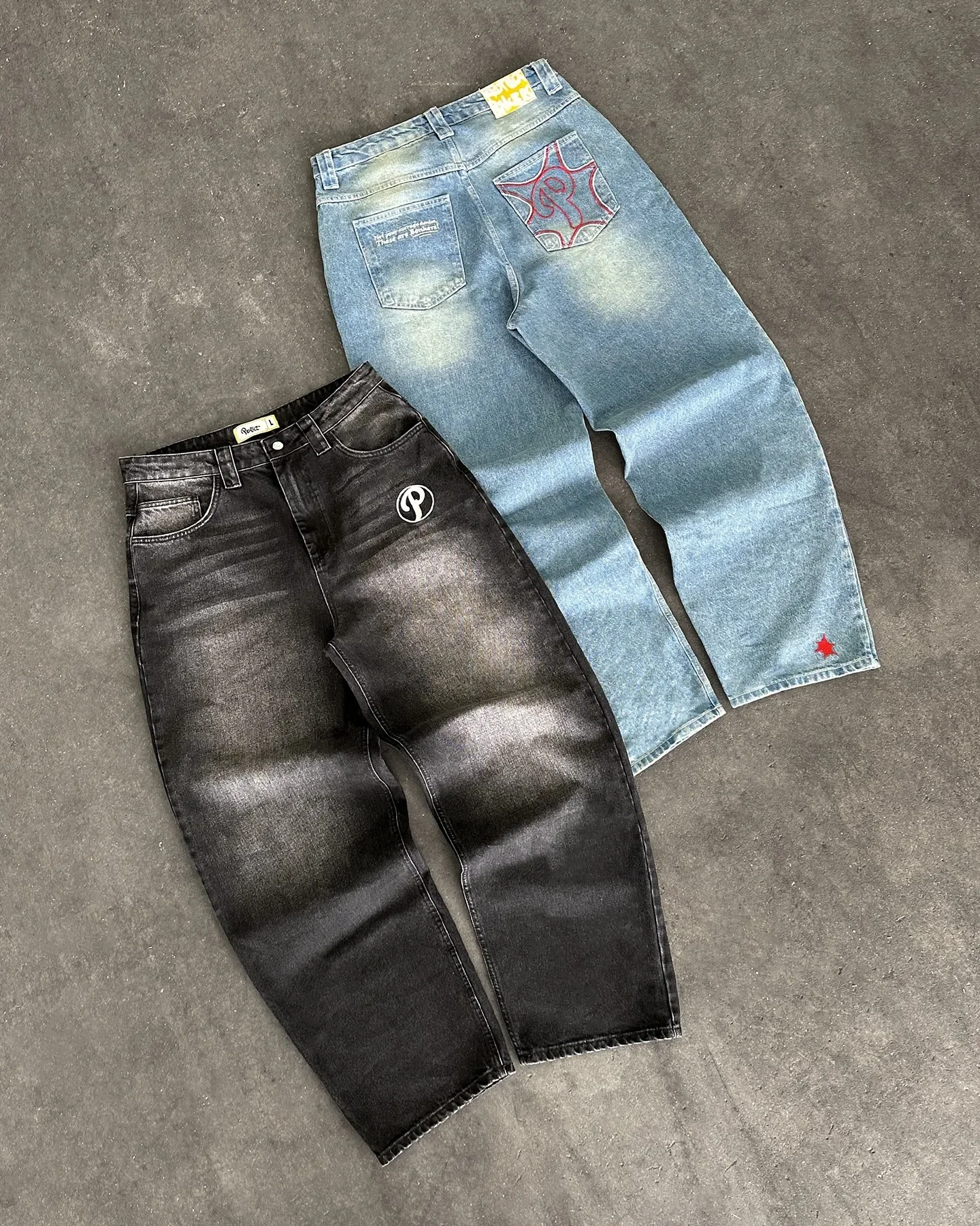 Vintage PROTECT Jeans Y2K Mens Pants Harajuku Hip Hop Letter Embroidery Blue Baggy Jeans High Waist Wide Leg Trouser Streetwear 2