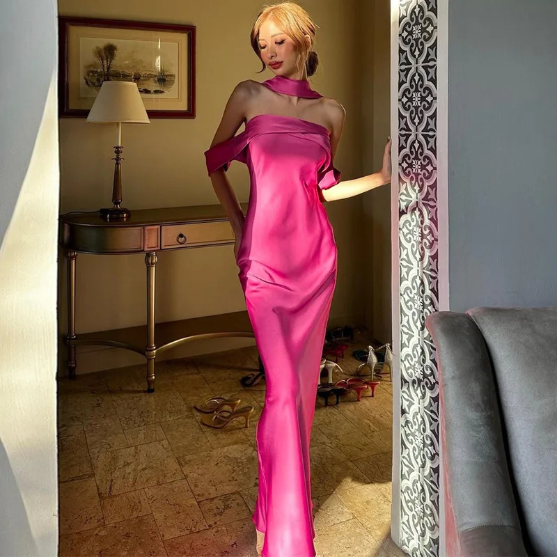 Elegante vestido largo sin espalda para mujer, ajustado, a la moda, con hombros descubiertos, vestido de fiesta de noche con cremallera, vestido de fiesta liso 2025