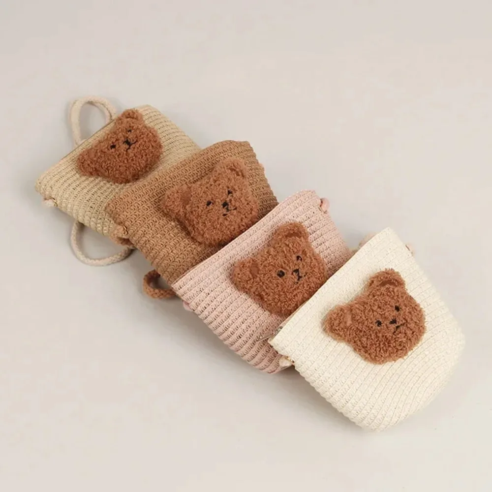New Cartoon Bear Kids Shoulder Bag Summer Straw Woven Handmade Bags Mini Baby Girls Coin Purse Toddler Crossbody Bag