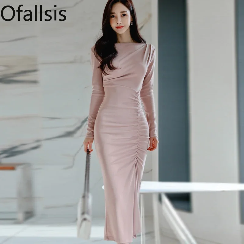 

Женское облегающее платье с оборками Ofallsis, асимметричное платье средней длины в Корейском стиле с длинными рукавами и поясом на талии, на осень, 2023