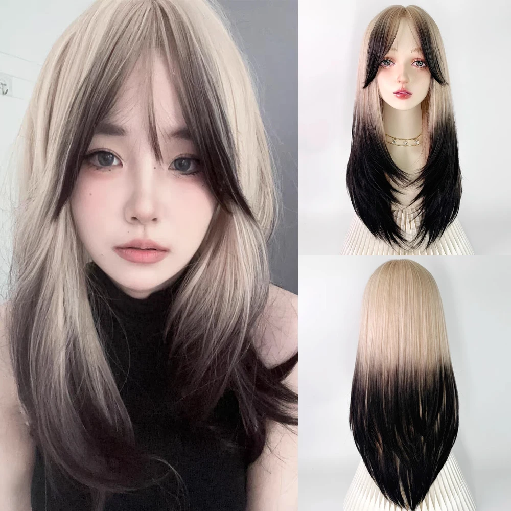 

Ombre Blonde Black Gradient Synthetic Long Straight Wigs Middle Part Natural Women Lolita Cosplay Hair Wig for Daily Party