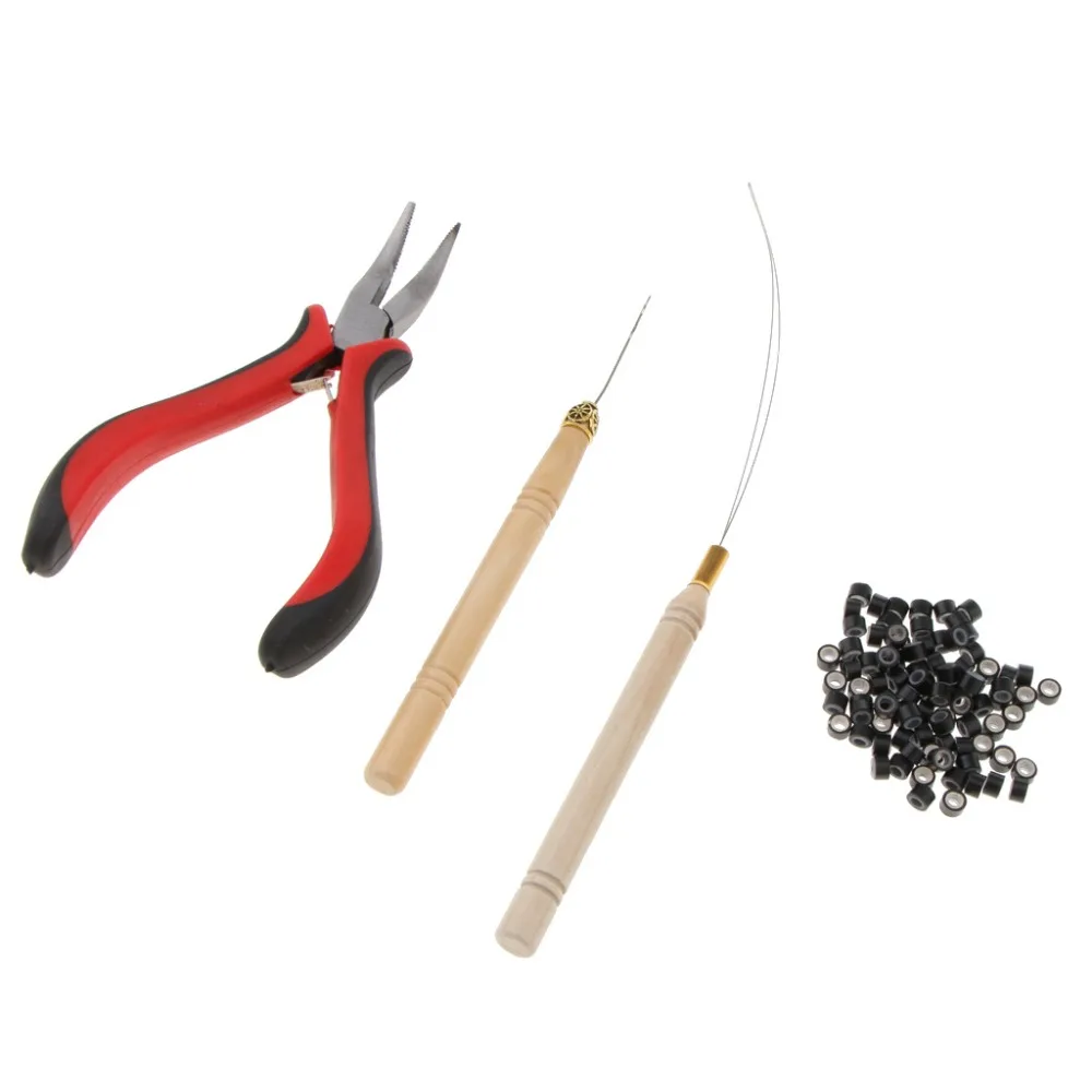 Hook Needle Hair Extensions Tools Kit Crochet Hook Pulling Needle 500pcs Micro Ring Beads DIY Silicone Rings Micro Beads Plier