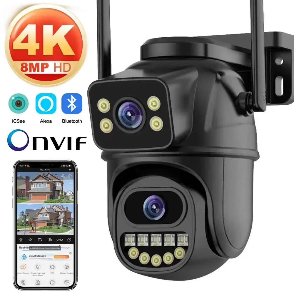 Surveillance Camera 4K 8MP WiFi Dual Lens 4X Digital Zoom AI Human Detect ONVIF Outdoor Security PTZ IP