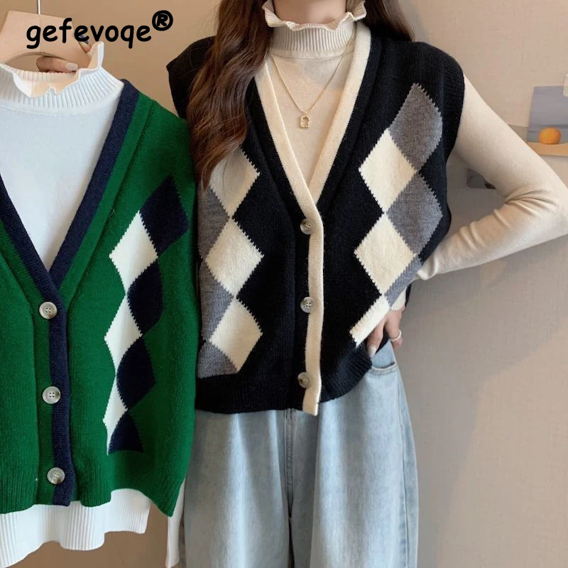 

Retro Classic Argyle V-neck Harajuku Street Loose Sleeveless Knitted Sweater Vest Spring Autumn Casual Button Waistcoat Cardigan