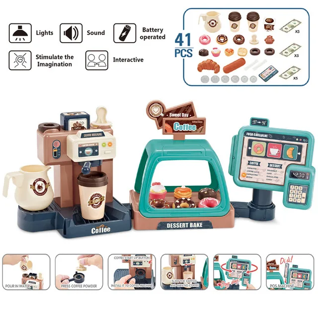 New Children's Play House Toy Simulation Water Coffee Machine Candy Donut Supermarket Shopping Cash Register Toy Kid Toy Set 3
