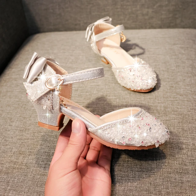 Girls Silver Low Heel Glitter & Rhinestone Shoe - Size: 13 | Pink Princess