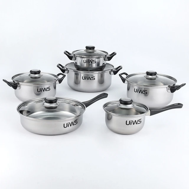 Uniware Stainless Steel Cookware Set (12 Pcs Stainless Steel Brown Handle Pot and Pan Set)