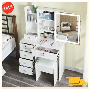 Dressing Table Mirror with Lights Stool Makeup Vanity Set Desk Organizer Dresser 1