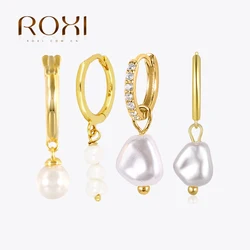 ROXI Bohemia 925 Sterling Silver Pearl Earrings Women's Wedding High Jewelery Pierced Earrings Hoop Pendientes Plata Earrings