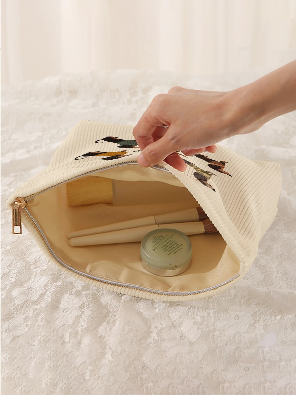 1pc cartoon dog pattern printed corduroy makeup bag, lightweight zipper makeup storage box, multifunctional bag with lining