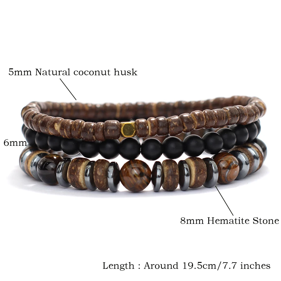 Natural Coconut Husk Beads Men Bracelet Set with Lava Tiger Eyes Hematite Stone