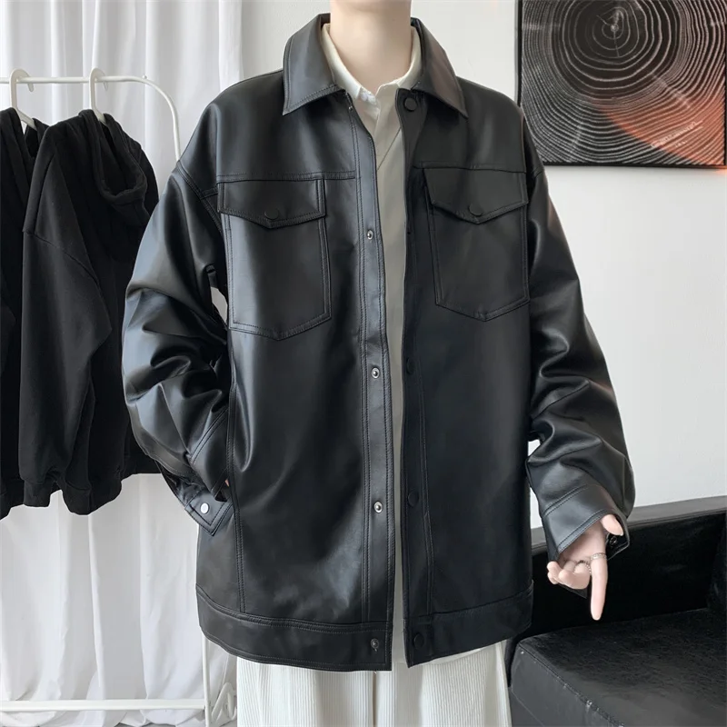 

Кожаная мужская куртка корейский тренд красивый мотоциклетный Топ кожаное пальто красивый в гонконгском стиле Осень Весна уличный бренд