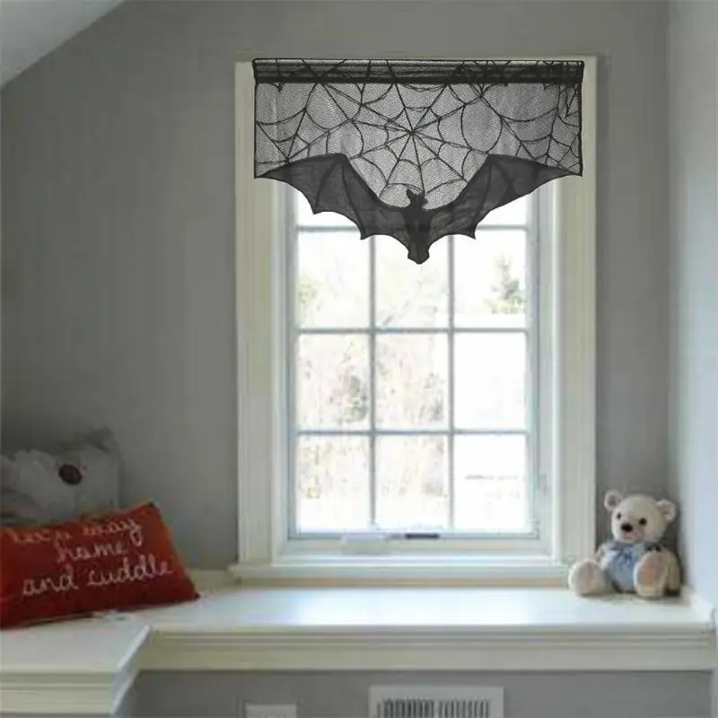 New Halloween Lace Curtain Gothic Bat Tablecloth Fireplace Scarf Window Cover For Party Home Decoration Cobweb Halloween